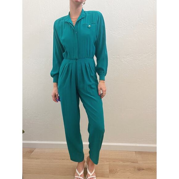 Vintage 1980's 100% Silk Turquoise Long Sleeve Utility Jumspuit - Picture 5 of 9